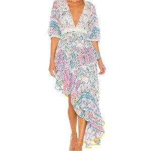 HEMANT & NANDITA Hana Asymmetrical Maxi Dress, Lace + Pearl Detail, Size M